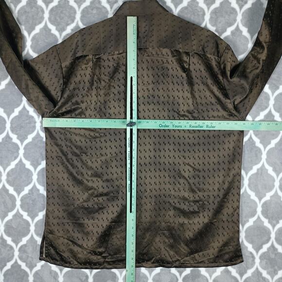 John Master Shirt Mens XL Brown Yellow Batik Long Sleeve Silky Peach Button Up - Picture 5 of 10